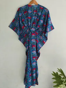 Elegante Vestido Kaftán de Algodón con Estampado Floral Azul, Estilo Bohemio, Holgado, Informal, para Vacaciones de Verano - Product Image 1