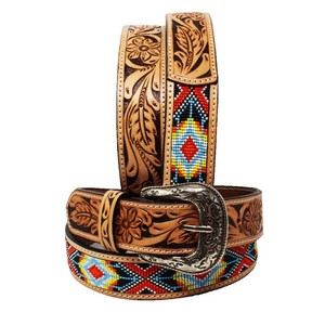 Cinturón Reversible de Cuero Vacuno con Patrón Geométrico de Cuentas y Hebilla Plateada Estilo Western, Cuero Pintado de Estilo Étnico - Product Image 3