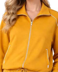 Ensemble de survêtement jaune moutarde personnalisé pour femme, veste zippée en mélange de coton et pantalon de jogging, tenue décontractée et sportive deux pièces - Product Image 3