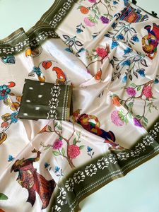 Soft <b>Silk</b> <b>Fabric</b> With Arrow Weaving Border And Beautiful Kalamkari Digital Print And Contrast Running Blouse - Product Image 4