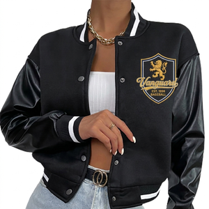 Chaqueta Bomber de Mujer para Invierno, Personalizada, Corta, Transpirable, con Logotipo Bordado, Tejida, Ecológica, de Secado Rápido, con Mangas de Cuero - Product Image 1