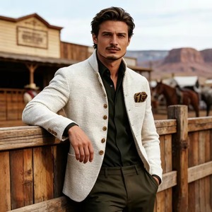 Blazer décontracté blanc pour homme à col mandarin - Coupe ajustée - Veste d'automne avec boutons dorés coupe-vent - Product Image 2