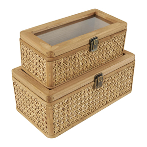 Elegant and functional, this new set of 2 rattan wood <b>boxes</b> is handcrafted in Vietnam and offered at competitive wholesale rates - Product Image 1