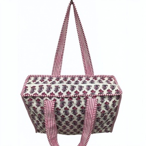 Women's Floral Print Cotton Canvas Tote Bag Large Capacity Casual Shopping <b>Handbag</b> with Pink Checkered Trim - Product Image 4