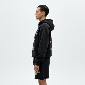 Conjunto de Sudadera con Capucha y Pantalones Cortos Unisex Personalizados, Negros, con Lavado Ácido, Apliques y Parches, Estilo Urbano, Fabricante de Ropa con Marca Privada OEM ODM - Product Image 4
