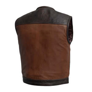 Gilet de moto en cuir véritable fait main pour homme, bicolore marron et noir, avec fermeture à boutons-pression, commande en gros - Product Image 6