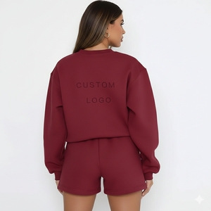 Winter Thick Oversized Casual Solid Sweatshirt and Shorts <b>Set</b> for Women OEM Soft Fleece Cozy Two Piece <b>Knitted</b> 100% Cotton - Product Image 2