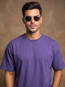 T-shirt décontracté à manches courtes et col rond pour homme, coupe classique, en coton jersey épais teint en fil, couleur unie, avec logo frontal - Product Image 4