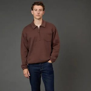 Manufacturer Solid Color Men's Knitted Pullover Quarter Zip Knitwear Wholesale Thick <b>Cable</b> Knit 12GG Rib Business Sweater - Product Image 2