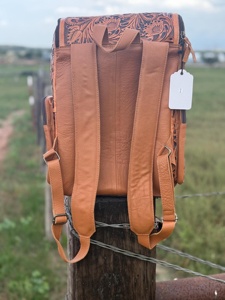 Vintage 100% Genuine Leather <b>Backpack</b> Handmade Floral <b>Tooling</b> Pattern Zipper Closure Softback Unisex 20-35L Capacity Waterproof - Product Image 4