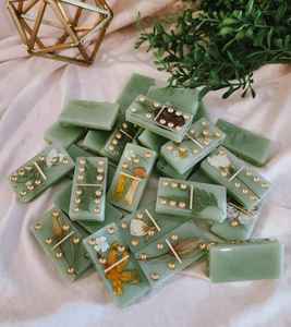 Handmade Epoxy Resin Dominoes Set With <b>Pressed</b> <b>Flowers</b> And Gold Accents Green Custom Shape For Home Decoration - Product Image 1