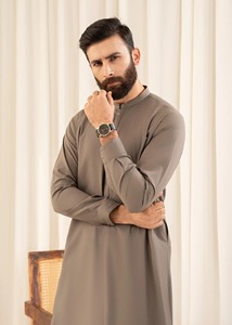 Kurta en coton gris clair pour homme, longueur cheville, tenue décontractée traditionnelle, coupe régulière, sans plis, style Inde Pakistan - Product Image 5