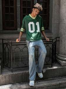 <b>Men</b>’s Custom Style Mesh Jersey Retro Oversized V Neck Number Print Streetwear Sports Shirt Wholesale American Football Jersey - Product Image 6