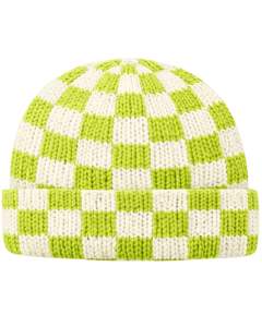 Gorro de Punto Personalizado con Diseño de Tablero de Ajedrez Verde Lima y Blanco, Gorro de Invierno Cálido con Borde, Gorro de Punto Acrílico Suave Unisex - Product Image 1