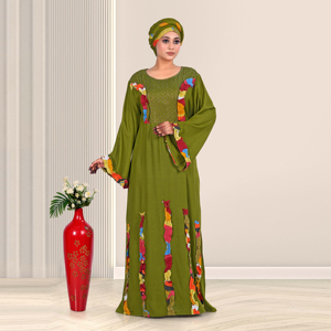Kaftan en rayonne avec encolure brodée et manches évasées à appliques texturées, couleur unie, longueur ras du sol, tenue modeste pour la prière de l'Aïd et du Ramadan - Product Image 2