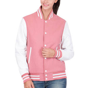 Chaqueta Varsity para Mujer, Color Rosa y Blanco, Mangas en Contraste, Cierre de Botones, Ropa de Invierno, Logotipo Personalizado - Product Image 1