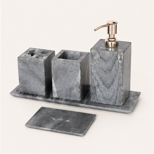 Handcrafted Luxury Natural Grey Marble Bathroom Accessory Set Soap Dispenser <b>Toothbrush</b> <b>Holder</b> Tumbler Soap Dish For Hotel - Product Image 5