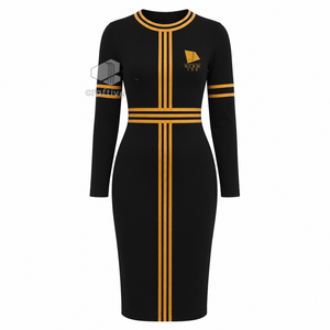 NCBW Women's <b>Black</b> <b>Long</b> <b>Sleeve</b> <b>Bodycon</b> Midi <b>Dress</b> With Golden Stripe Accents Crew Neck Plus Size Slim Fit Casual <b>Dress</b> - Product Image 1