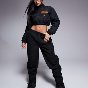 <b>Top</b> Trending Women's <b>Black</b> Quilted <b>Crop</b> Jacket Set Full <b>Sleeve</b> Stand Collar Streetwear Loose Fit Solid Color Autumn Sportswear - Product Image 1