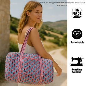 Blue Floral Hand Block Printed Cotton Sport Duffel <b>Bag</b> <b>Large</b> Capacity Zipper Closure Casual Travel Weekend for Striped Handles - Product Image 3