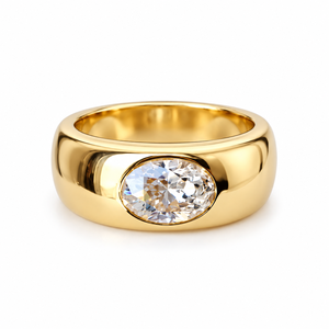 Bague de promesse classique unisexe en or plaqué jaune avec moissanite ovale sertie clos, bijoux - Product Image 1