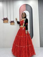Lehenga Choli Georgette Bandhej avec veste en coton ornée de miroirs et de rubans, collection pour le festival Navratri