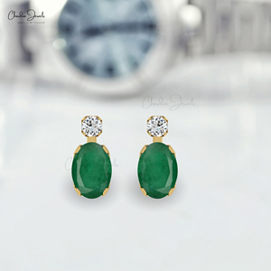 Produits Tendances : Boucles d'oreilles clous 7x5mm en émeraude zambienne et diamant, en or massif 14 carats, avec fermoir poussoir – Fournisseur en gros - Product Image 4