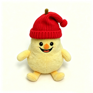 Pêre en peluche personnalisée mignonne et saisonnière, pêre en peluche jaune avec bonnet en tricot rouge à pompon et visage brodé, peluche pour adolescents et adultes - Product Image 2