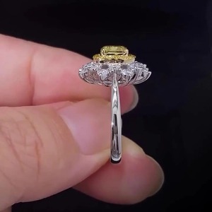 Trendy 1.00ct Fancy Yellow <b>Cushion</b> Lab-Grown Diamond IGI Certified Unique Flower Shape Fine Jewelry 14K White Gold Double <b>Ring</b> - Product Image 2