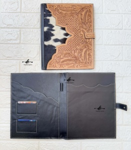 Hand Tooled Leather Business Portfolio Binder Conference File <b>Folders</b> Manufacture Cowhide Document <b>Folder</b> With <b>Card</b> Holder - Product Image 5