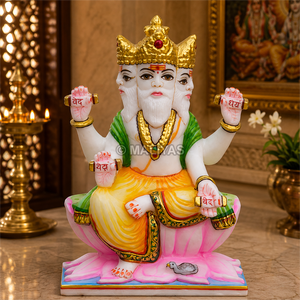 Estatua Premium de Lord Brahma en Mármol - 12 Pulgadas |   Murti de Brahma Chaturmukha Hecho a Mano sobre Flor de Loto |   Ídolo hindú de mármol blanco |   MALIYAS - Product Image 1