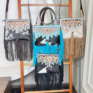 Hot Selling Trendy Bohemian Style Hand Tooled Genuine Cowhide Hair-on Leather Crossbody Fringe Bag Designer Shoulder Sling Bag - Product Image 4