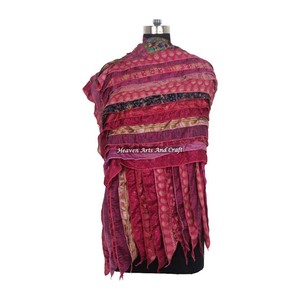 Chal de Sari de Poliéster-Seda Reciclado Hecho a Mano por Diseñador, 15 Tiras, Patrón Geométrico Vintage, Bufanda Larga para Mujer, Venta al por Mayor, Poliéster-Seda Fino - Product Image 6