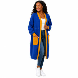 Cosh International Sorority Acrylic Cardigan Azul con Bolsillos en Contraste Amarillo, Manga Globo, Cuello Redondo, Ropa Casual - Product Image 1