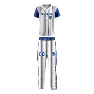 Custom Sublimation Breathable Plus Size Unisex Baseball Uniforms Pant and <b>Shirt</b> Blue Strips <b>Button</b> <b>Half</b> Sleeve Jersey - Product Image 1