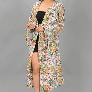 Robe kimono pour femme, taille unique, imprimé floral, coton, col en V, fermeture à cordon, douce, séchage rapide, style indien, vêtements de nuit d'été - Product Image 1