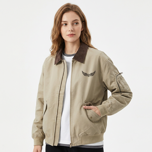 Blouson bomber kaki pour homme, col rabattu, fermeture éclair, logo brodé, style décontracté automne, manches classiques - Product Image 2