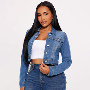 Women's <b>Cropped</b> <b>Denim</b> <b>Jacket</b> Stonewashed Cotton Button Front Regular Fit Solid Color Casual Autumn Style Made in Pakistan - Product Image 1