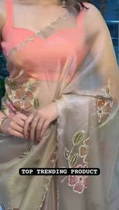 Sari long brodé de créateur pour femme, haut de gamme, ethnique indien, bicolore, pour mariages, soirées de bal, tenue d'hiver, d'été, d'automne - Product Image 3