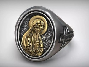 Anillo Religioso Gótico de Plata de Ley 925 con Oxidación Negra de la Virgen María - Product Image 1