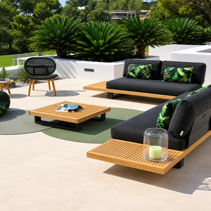 Elegant <b>Teak</b> <b>Wood</b> Outdoor Sofa Set with Charcoal Cushions Slatted Coffee Tables and Tropical Garden Patio <b>Furniture</b> - Product Image 5