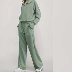 ชุดเสื้อผ้าผู้หญิงแขนยาวทรงหลวมแบบมีฮู้ดและกางเกงสีทึบลำลอง - Product Image 2