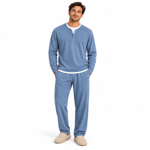 <b>Men</b> Winter Knitted <b>Long</b> <b>Sleeve</b> <b>Henley</b> Pajama Set Casual Blue Sleepwear Cotton Blend Button Collar Loungewear Indoor Homewear - Product Image 1