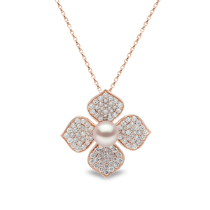 Pendentif fleur en or rose et perles avec accents de diamants, collier romantique pour femme - Product Image 1