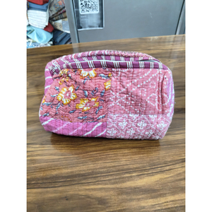 Pochette cosmétique matelassée rayée rose, petite, portable, pliable, en textile, motif charmant, sans fermeture éclair, cadeau - Product Image 1