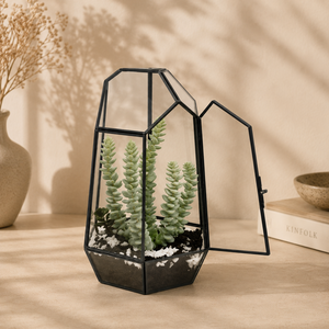 Wholesale Handcrafted Irregular Geometric Glass Terrarium Black Finished Iron <b>Frame</b> for Home Garden Succulent <b>Plant</b> Display - Product Image 4