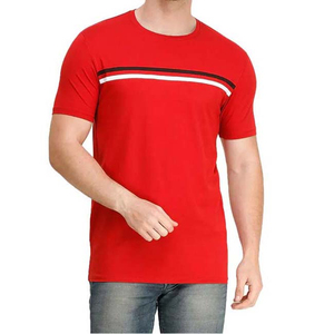 T-shirt à manches courtes rouge pour homme avec design rayé contrastant, coupe classique, col rond, haut en coton tricoté décontracté - Product Image 6
