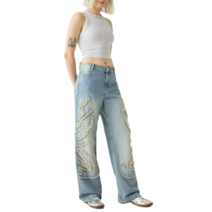 High Quality Custom Fringe Straight Baggy Jeans Soft Women's Denim Pants Plus Size Women's Trouser - Product Image 3