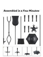 Ensemble de 5 outils de cheminée modernes avec poignée, en fer forgé noir, pour foyer intérieur/extérieur, avec pique, pinces, pelle, brosse et support