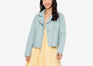 Chaqueta de Moto de Cuero Sintético Azul Claro para Mujer, Manga Larga, Cierre de Cremallera, Cuello Alto, Estilo Primavera - Product Image 3